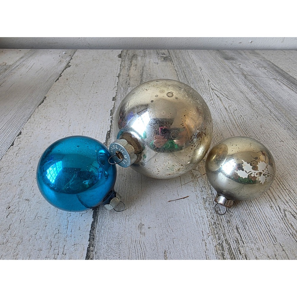Vintage shiny brite silver‎ mercury glass ornament blue Holly decor Xmas tree